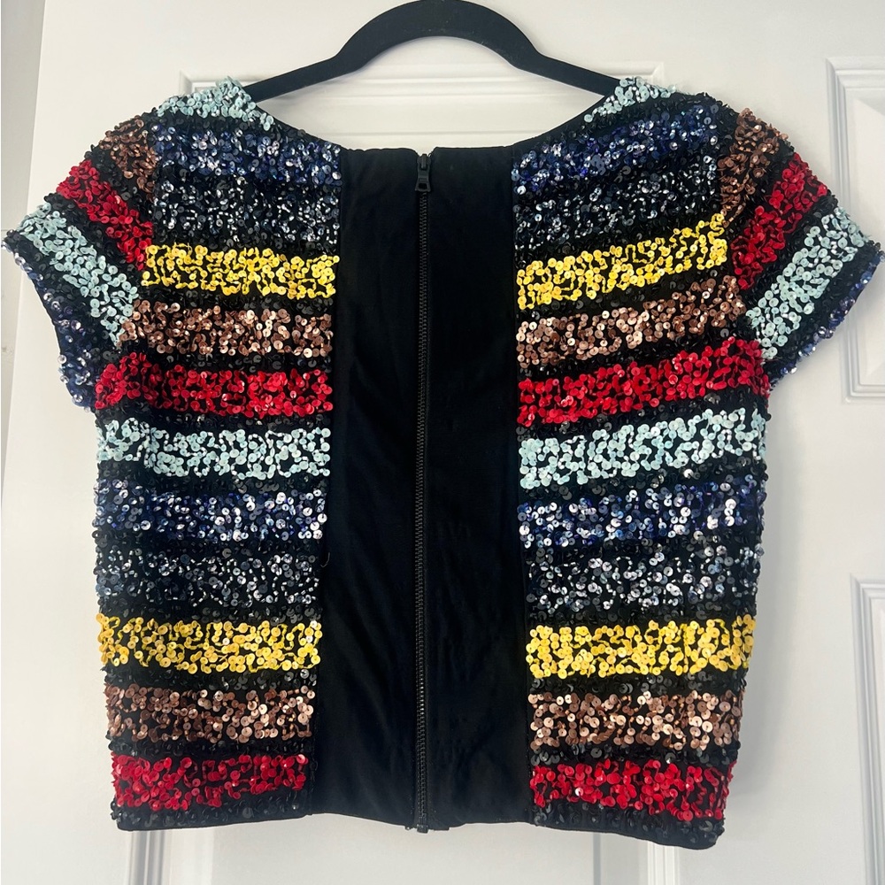 Alice + Olivia Sequin Striped Crop Top - Red, Blue, Yellow, Brown - Picture 2 of 3